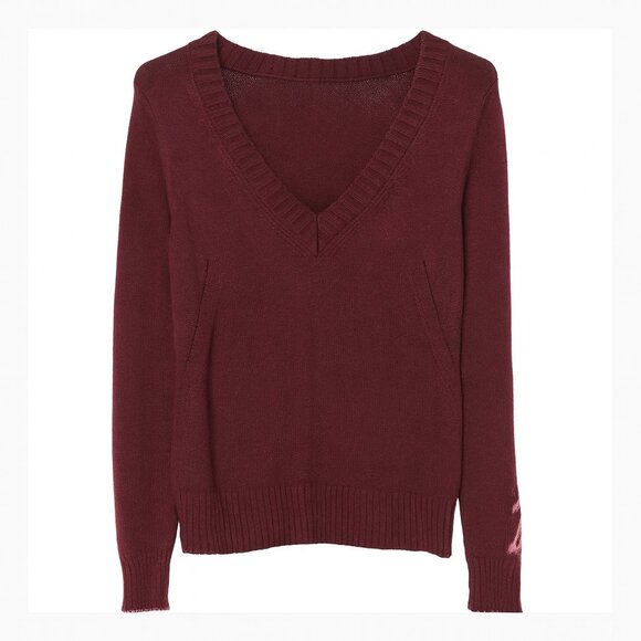 Zadig & Voltaire Burgundy V-Neck Sweater Italy – Monogrammed Sleeve (Est. Small) - Picture 1 of 8